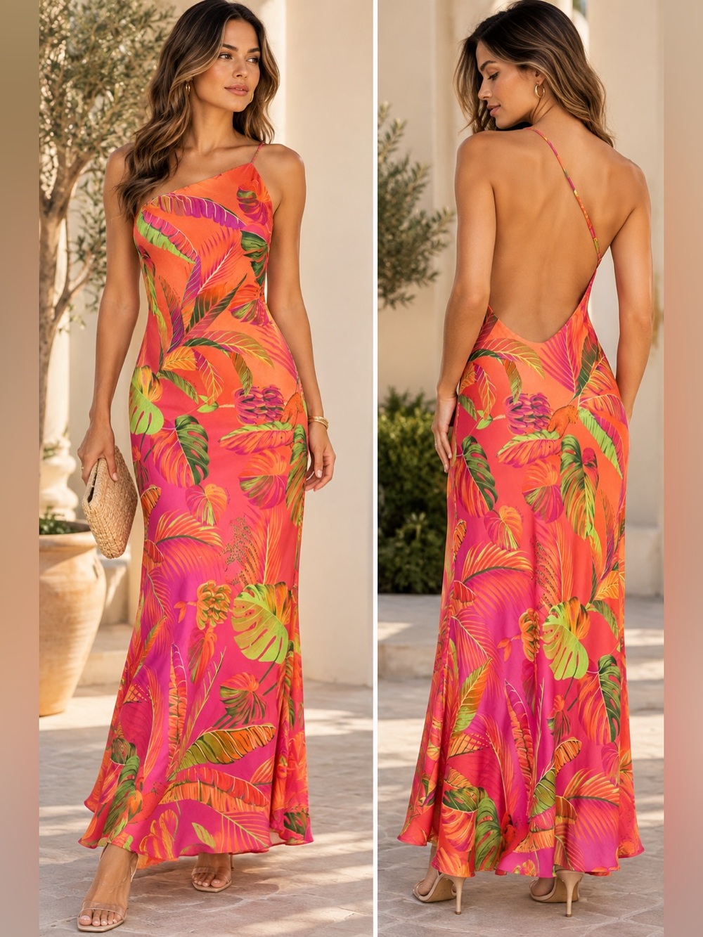 🌴FARM Rio Orange Pink Tropical Floral One Shoulder Open Back Cutout Maxi Dress M